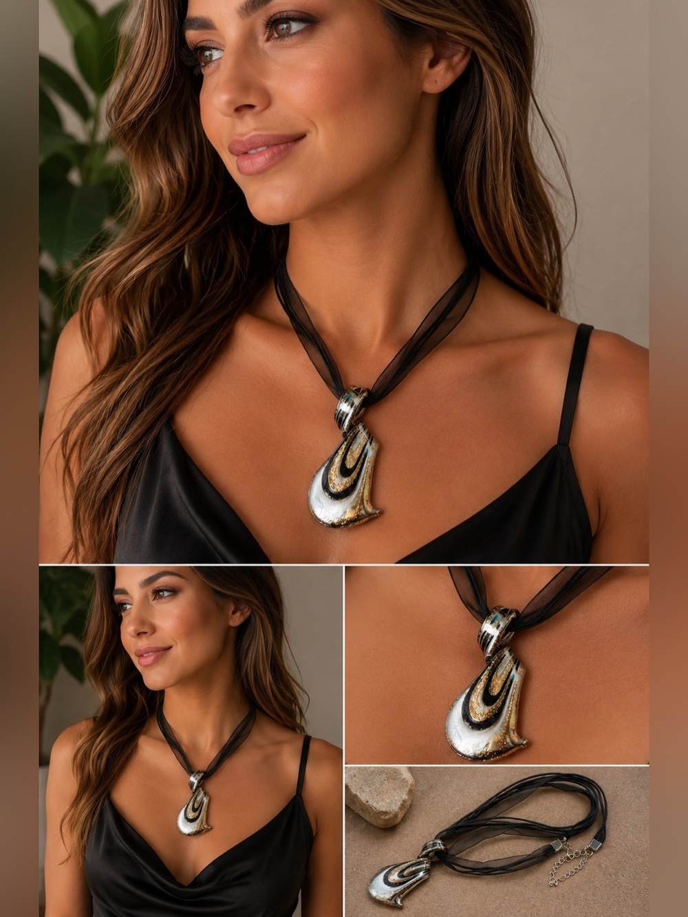Glass Statement Pendant Necklace Black Sheer Ribbon Cord Blown Glass Adjustable